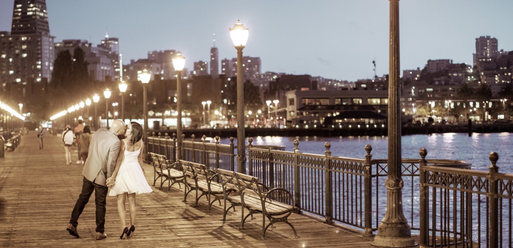 San Francisco Bay pier engagement KISS WALKING